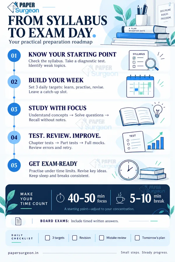 Paper Surgeon preparation roadmap: plan, study, practise, review and prepare for exam day, with time management tips and a daily checklist.
